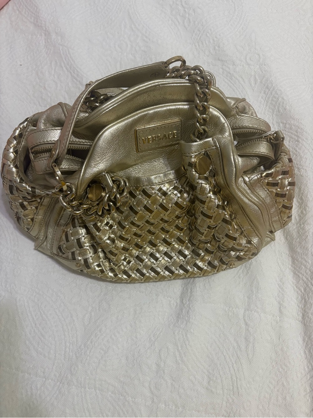 Versace Gold Champagne Woven Leather Shoulder Bag With COA